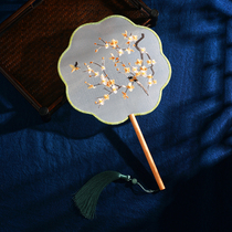 Chinese wind long handle Double-sided Embroidery Group Fan Plum Open Palace Fan Hanfu Classic Qipao Walk Show Female Style Dance Fan