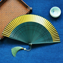 Chinese Wind Gradient Green Ancient Wind Bamboo Fold Fan Children Style Pure Color Summer Carry-on Folding Day Style Dancing Fan Hanfu