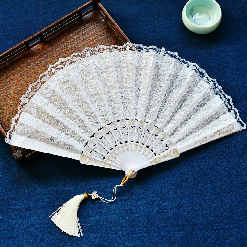 Chinese style double white lace sexy small folding fan ancient fan classical retro ladies cheongsam dance dance