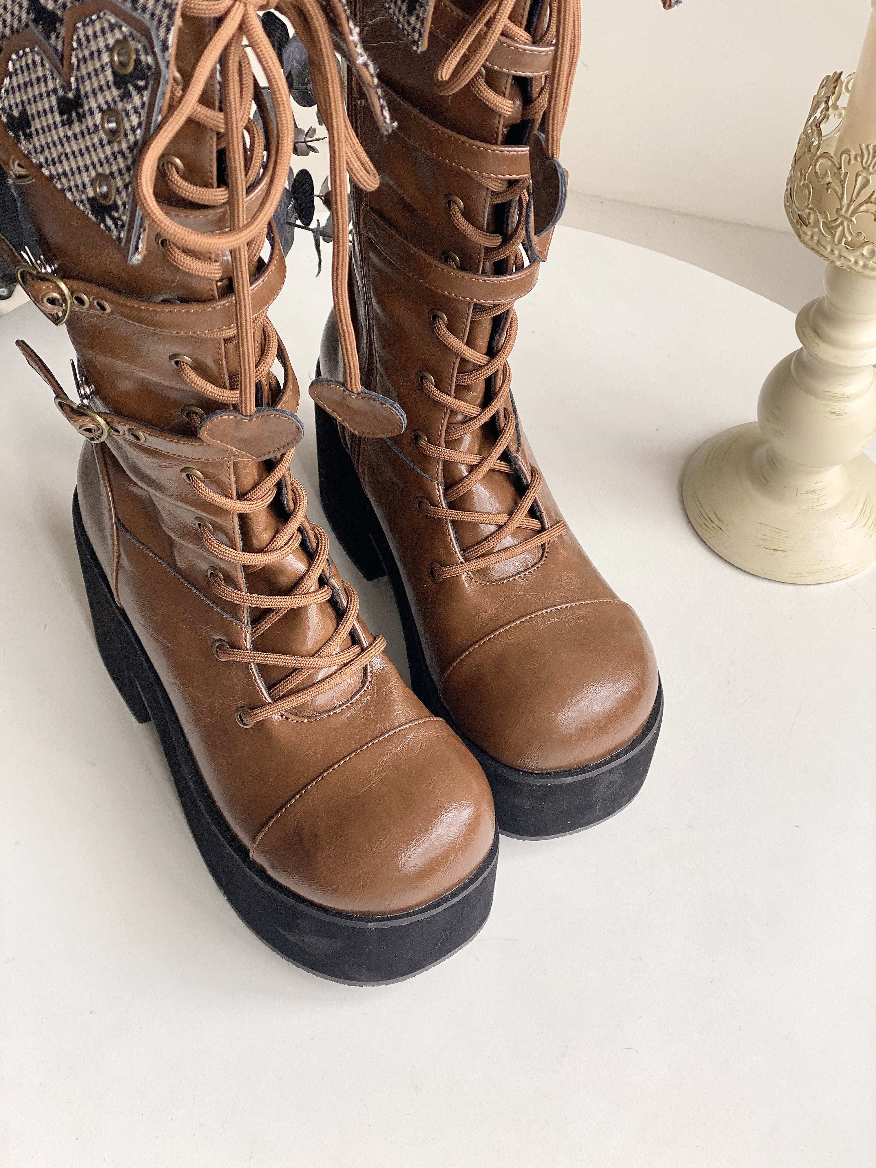 Обувь 定金|焦糖可可二团|白茶入梦原创蝴蝶结甜美高帮靴厚底圆头中长靴