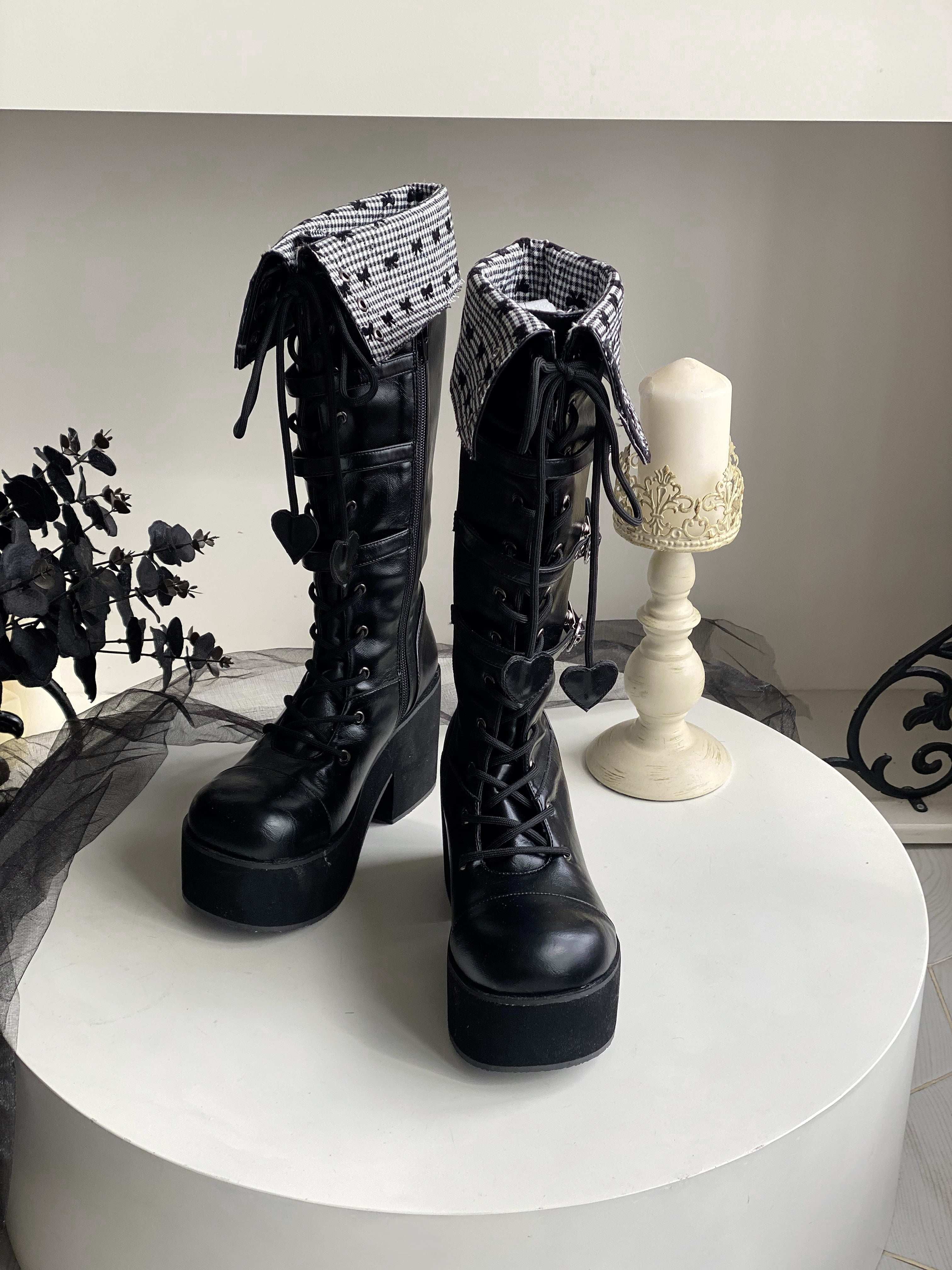 Обувь 定金|焦糖可可二团|白茶入梦原创蝴蝶结甜美高帮靴厚底圆头中长靴