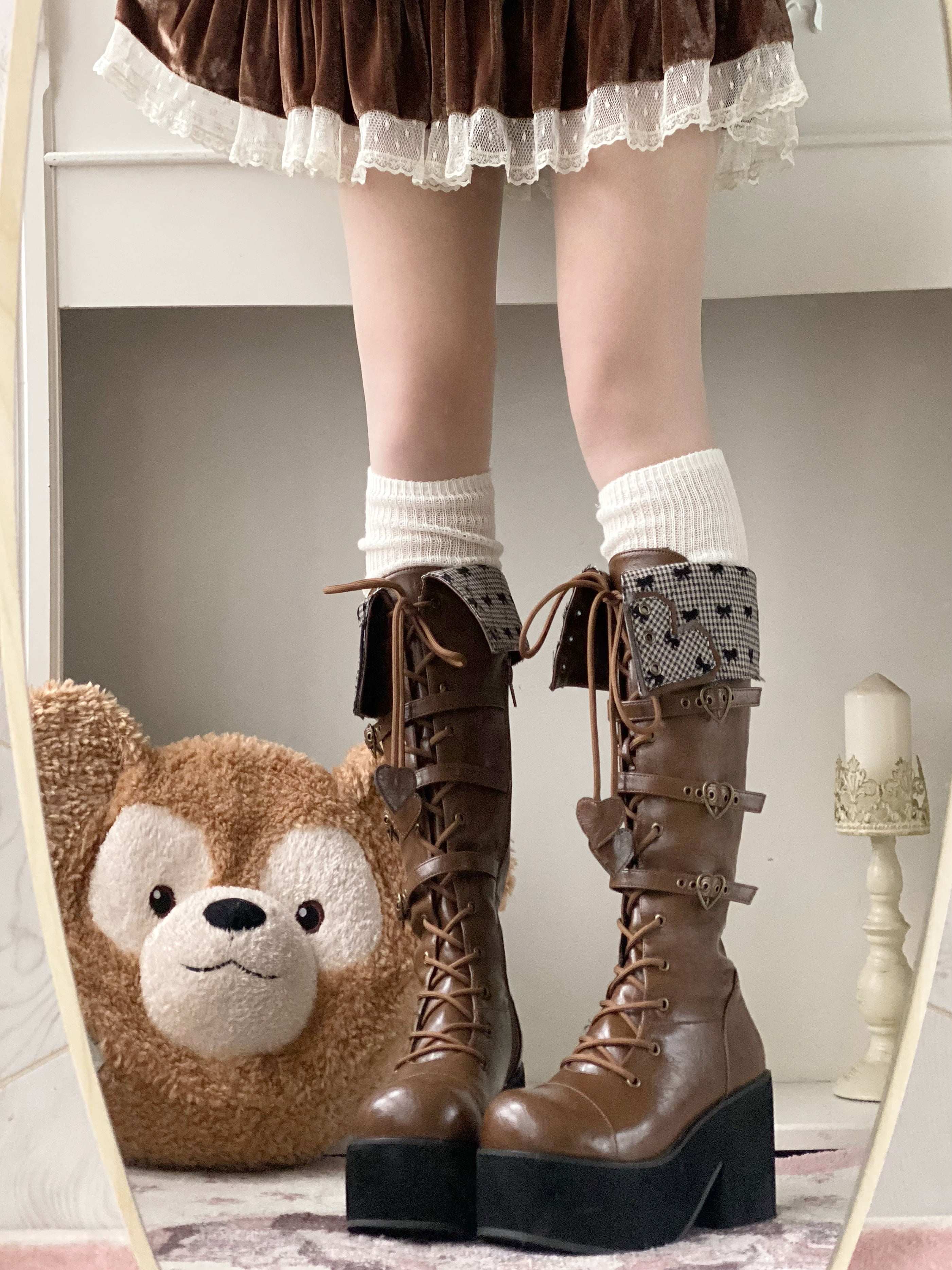 Обувь 定金|焦糖可可二团|白茶入梦原创蝴蝶结甜美高帮靴厚底圆头中长靴