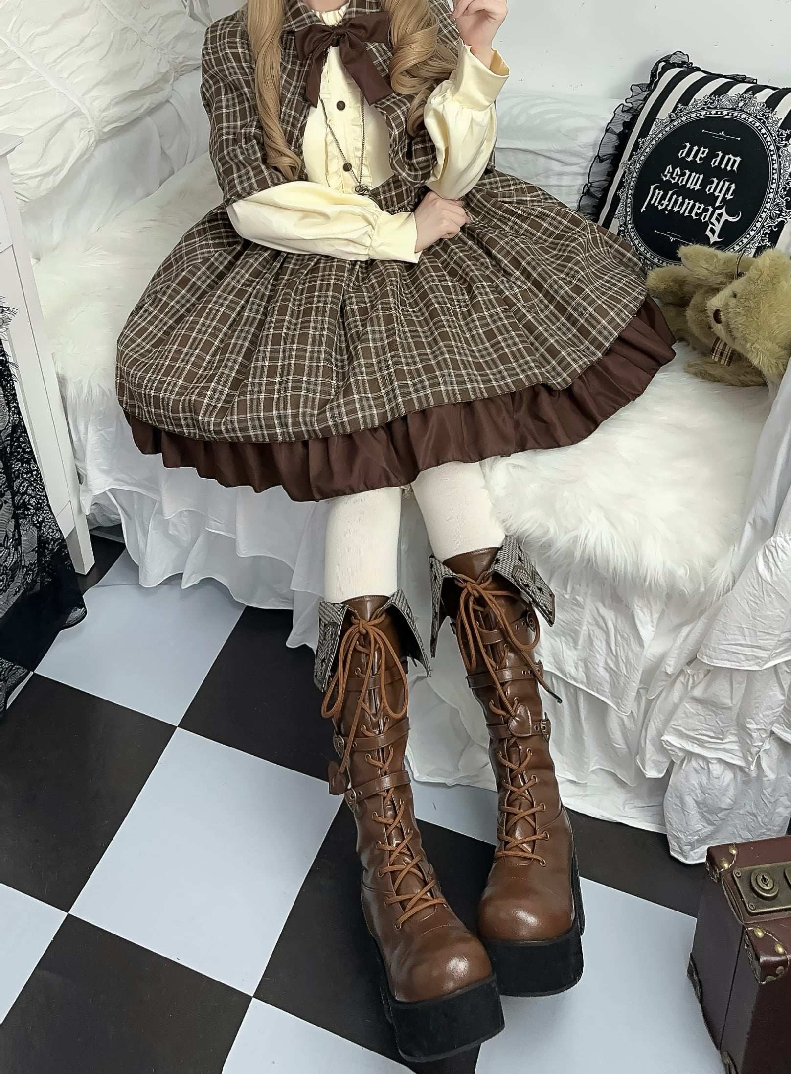 Обувь 定金|焦糖可可二团|白茶入梦原创蝴蝶结甜美高帮靴厚底圆头中长靴