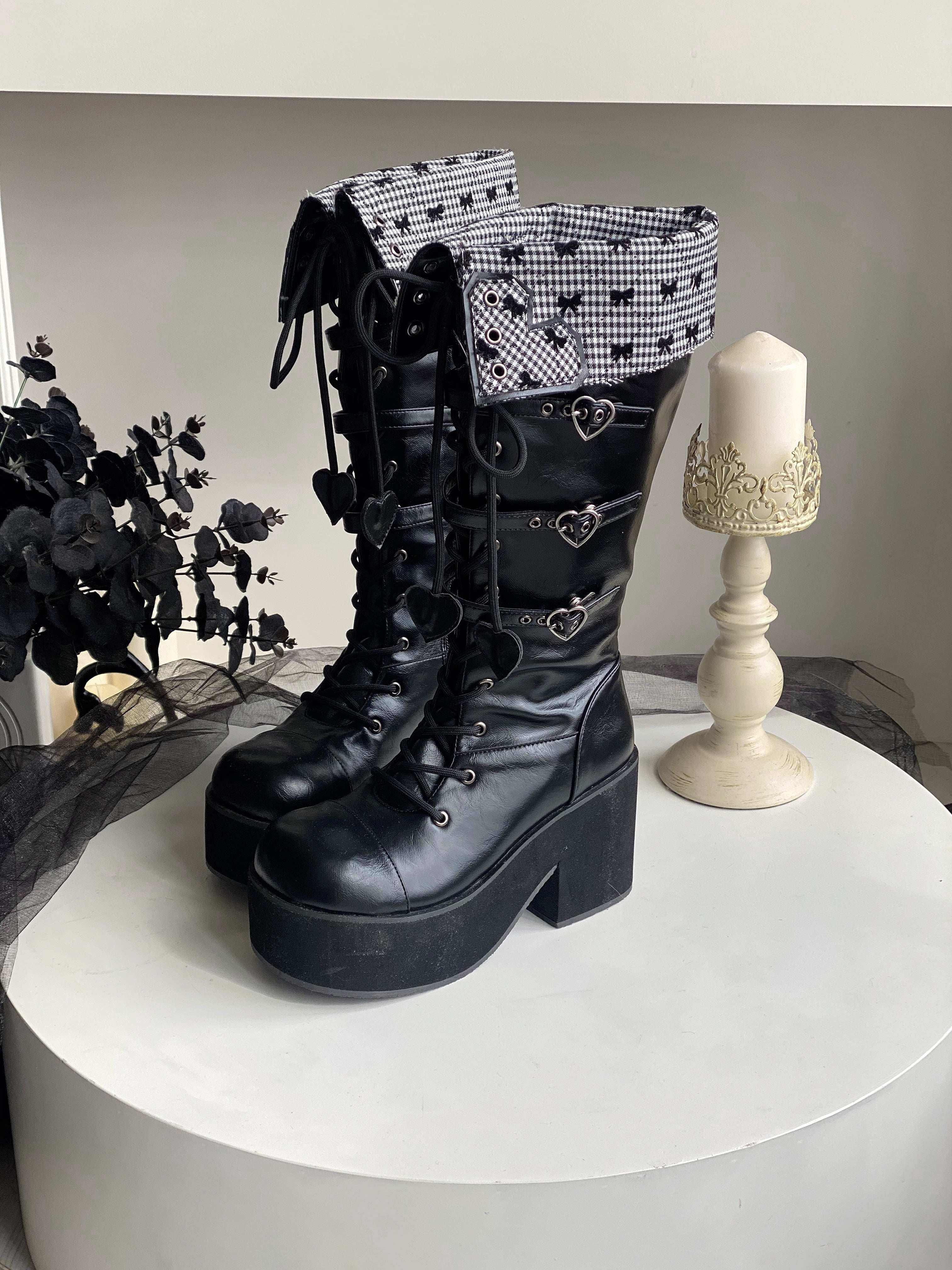 Обувь 定金|焦糖可可二团|白茶入梦原创蝴蝶结甜美高帮靴厚底圆头中长靴