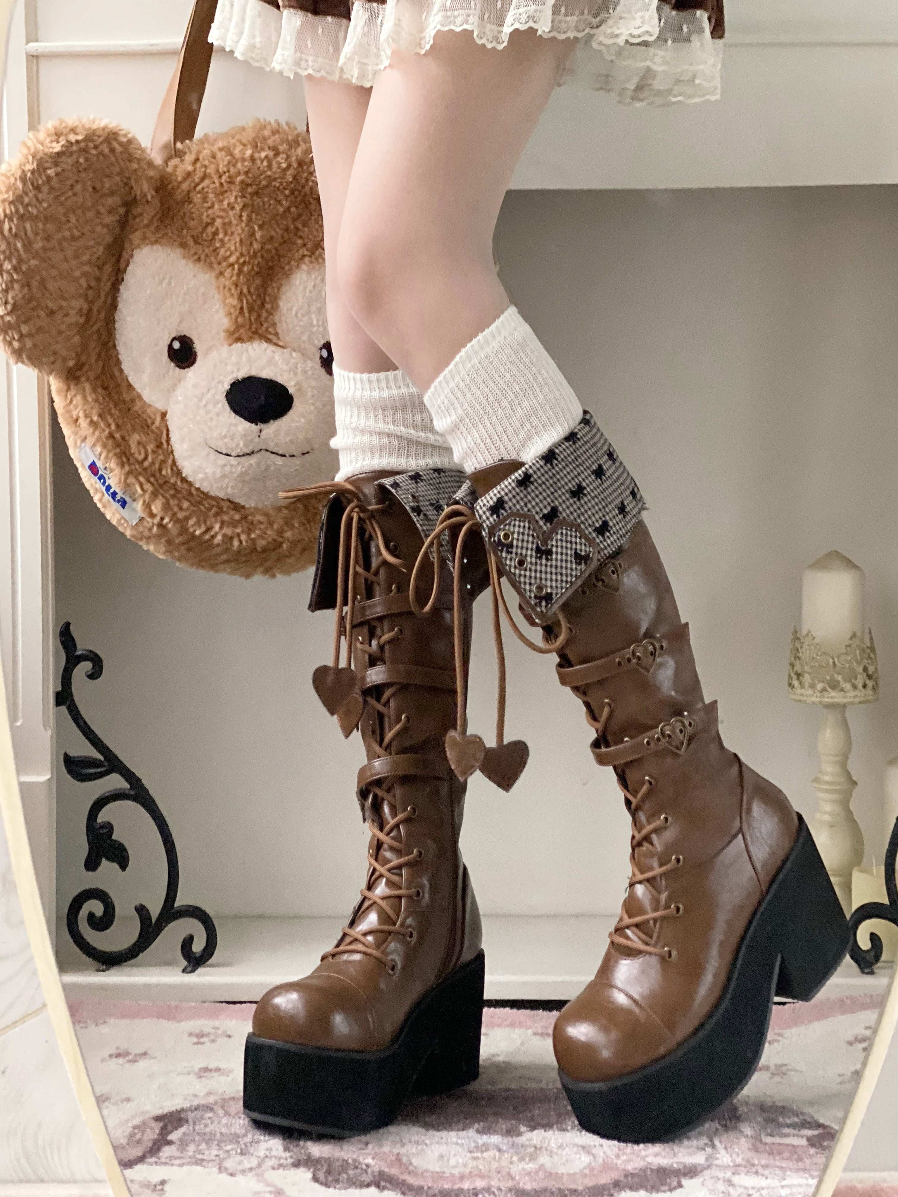 Обувь 定金|焦糖可可二团|白茶入梦原创蝴蝶结甜美高帮靴厚底圆头中长靴