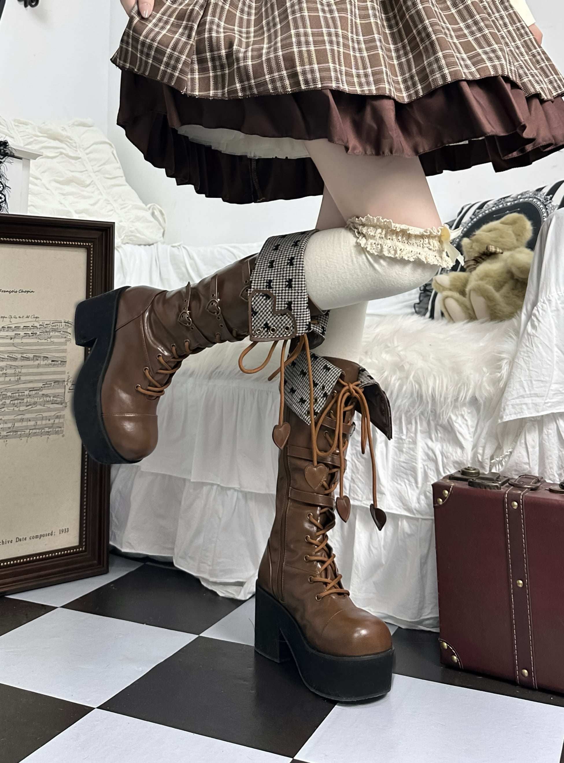 Обувь 定金|焦糖可可二团|白茶入梦原创蝴蝶结甜美高帮靴厚底圆头中长靴