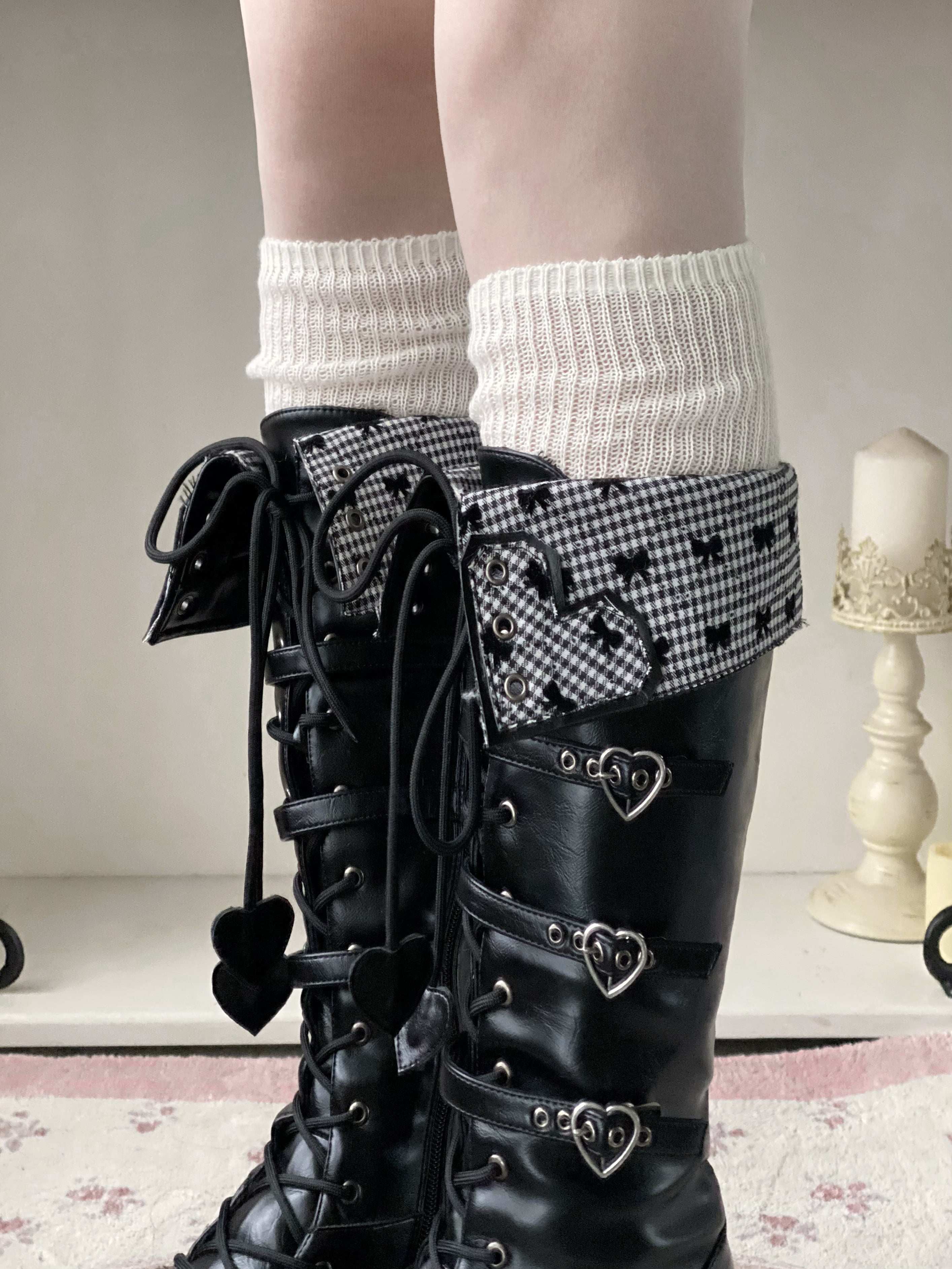 Обувь 定金|焦糖可可二团|白茶入梦原创蝴蝶结甜美高帮靴厚底圆头中长靴