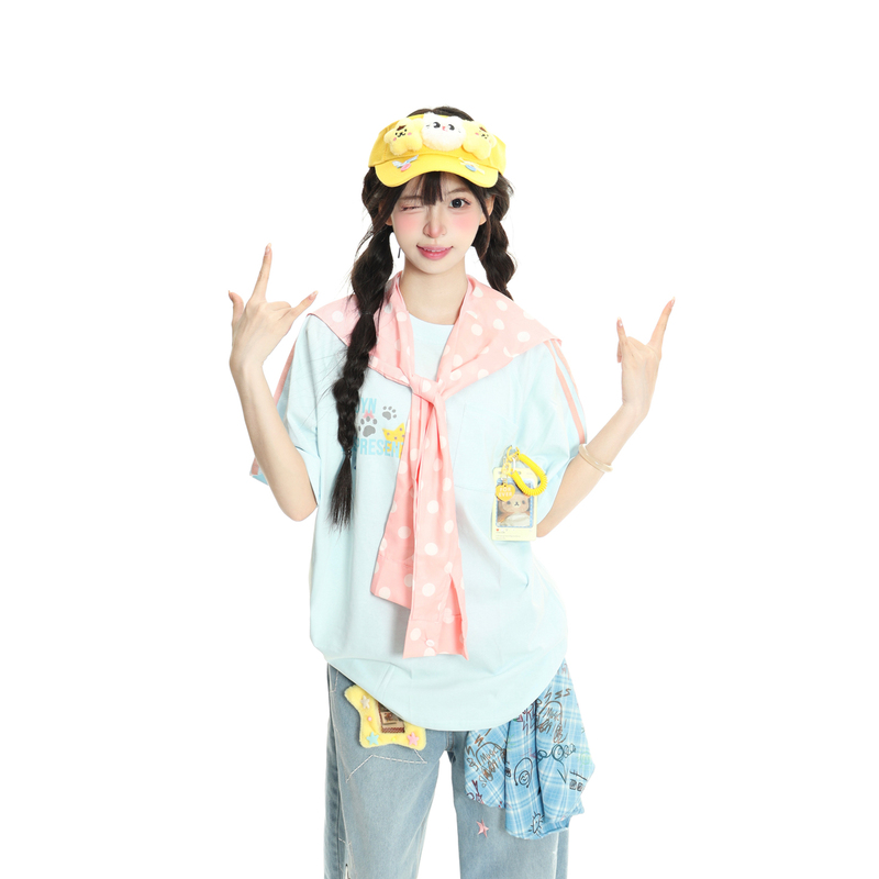 Xiao Hang Hasn'T Had Enough: Original American-Style Detachable Polka Dot Shawl with Contrasting Striped Short-Sleeve Tops for Men and Women, Trendy Couple's Clothing