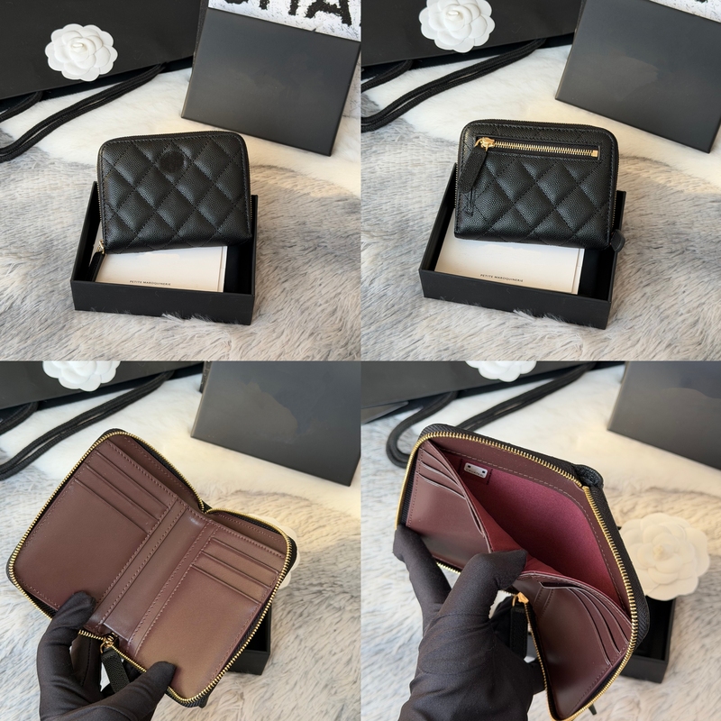 26 New Style Chanel Zipper Short Wallet, Caviar Diamond Pattern Card Holder, Multi-Card Slot Coin Purse