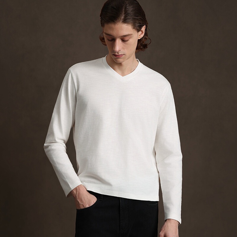 Rtimfd V-Neck Exclusive Slim-Fit Tailored Long-Sleeve Bamboo Texture Pure Cotton Basic Shirt
