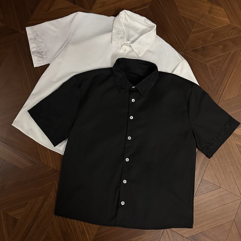 Rtimfd Eternal Flower Collar Shirt Short-Sleeved Natural Mother-Of-Pearl Button Cleanfit Summer Casual Embossed Shirt