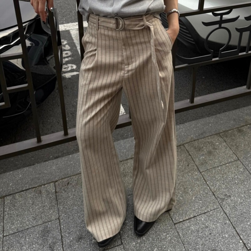 Rtimfd Striped Wool Pleated A-Line Patterned Elegant Suit Pants with Ribbon Flared Commuter Casual Pants Rtimfd Striped Wool Pleated A-Line Patterned Elegant Suit Pants with Ribbon Flared Commuter Casual Pants
