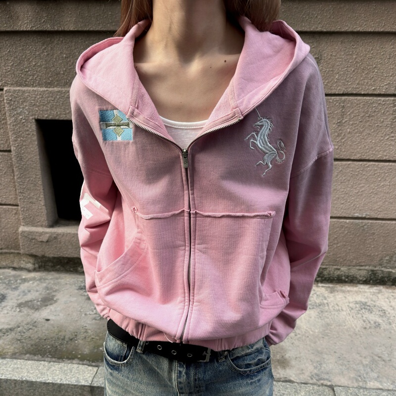 Rtimfd Pink Unicorn Spray-Dyed Distressed Washed Hoodie with Print and Embroidery, Short and Loose Fit