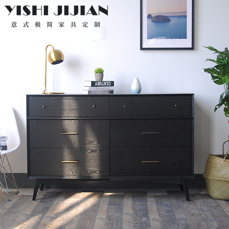 Italian minimalist chest of drawers bedroom locker retro American storage storage solid wood grain oak black side cabinet customization
