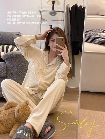 muzitata warm home clothes pajamas suit island velvet thickening slimming can be worn outside women's long-sleeved trousers