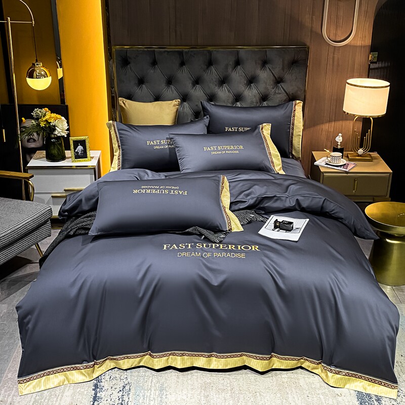 High-end light luxury four-piece set of pure cotton pure color English embroidery bed sheet quilt cover bedding summer bedding