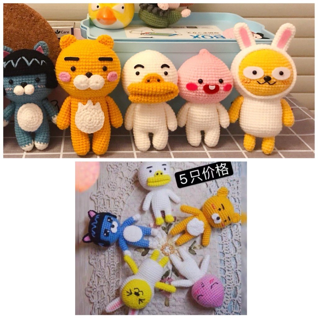 Kakao hook needle diagram diy unwrought hand doll hook knitting tutorial ass blue cat lion duck rabbit