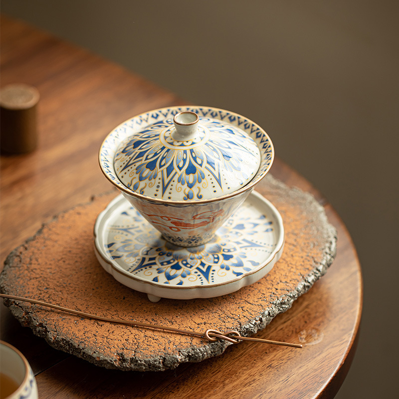 Cross-Border Ru Kiln Dunhuang Flying Dragon Anti-Scald Large-Capacity Kung Fu Tea Cup Tea Bowl Tea Set Complete Set Gift Set