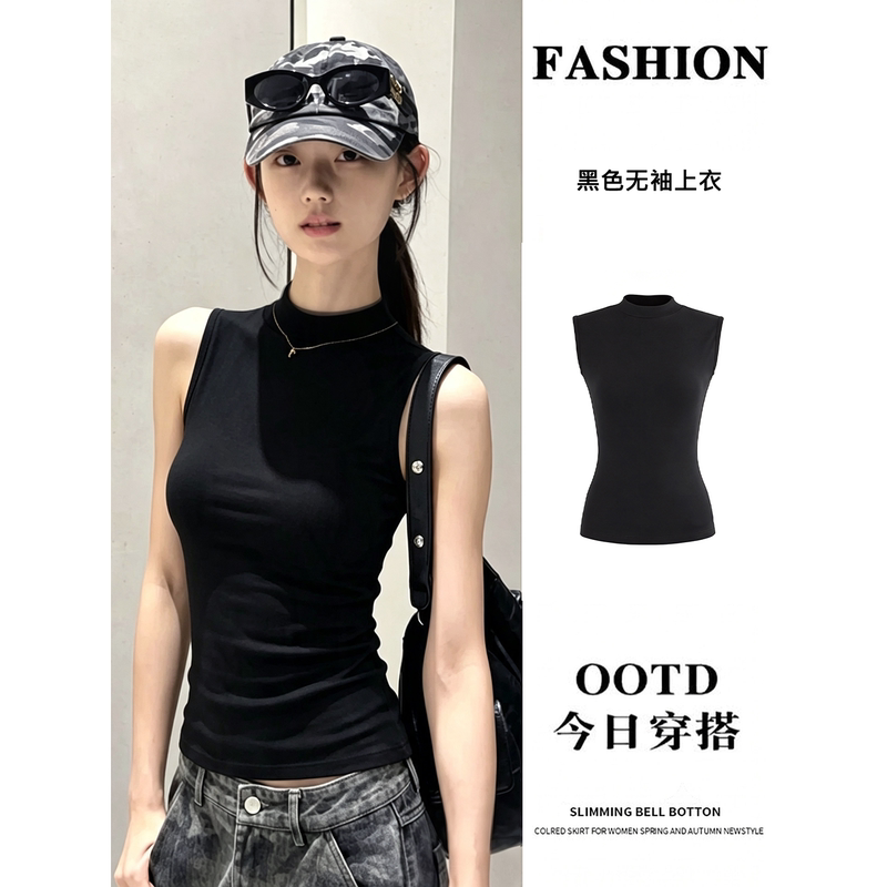 Black Sleeveless Top Vest for Women, Summer Outerwear, Half-High Collar Design, Niche Style, Slim Fit, 2026 New Model Black Sleeveless Top Vest for Women, Summer Outerwear, Half-High Collar Design, Niche Style, Slim Fit, 2026 New Model