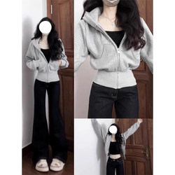 Gray Short Hoodie for Women 2025 New Autumn and Winter Korean Style Slim Fit Waist-Cinching Hooded Top for Early Autumn Wear