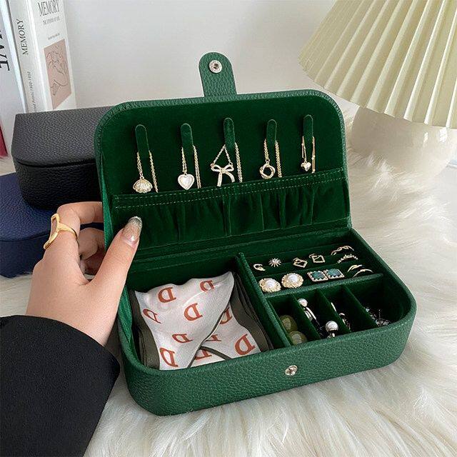 高档荔枝皮便携首饰盒耳钉耳环戒指手饰品收纳盒小精致展示架新款