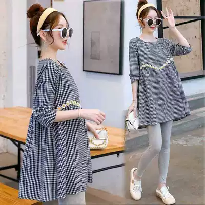 Korean version of pregnant women's autumn suit fashion T-shirt spring Western style mid-length top dress long-sleeved maternity dress winter dress