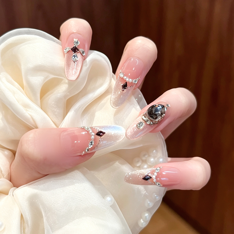 Ambitionist [Night Charm] Handmade Long Wearable Nails 2026 Dark Night Black Diamond Retro Cool Palace Style Manicure