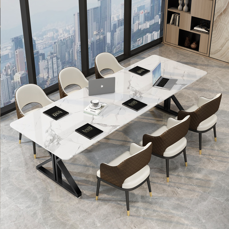 北欧大理石会议桌岩板长桌轻奢办公桌2米工作洽谈桌椅超长可拼接