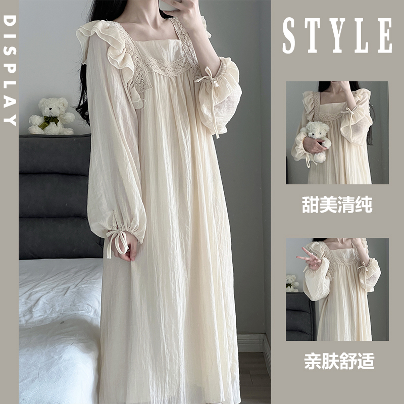 Cotton and Linen Gauze Dress for Women, Spring and Autumn Style, Thin, Ruffled, Slimming, Pure and Desirable, Mid-Length Dress, Loungewear