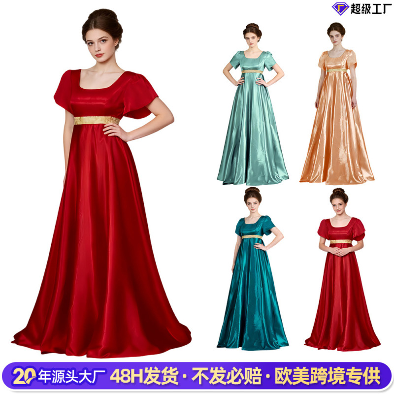 5 Bridgerton Regency Dress Silk Satin Puff Sleeve Long Dress Halloween Victorian Era Cosplay Dress