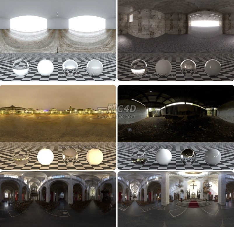 一酷C4D 228个室内大厅酒店书店浴室餐厅HDR环境全景贴图预设素材