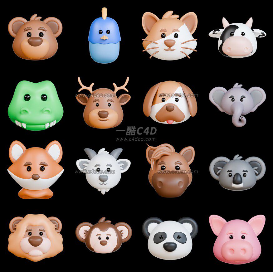 一酷C4D 卡通动物兔子大象奶牛老虎狮子羊头像3D模型
