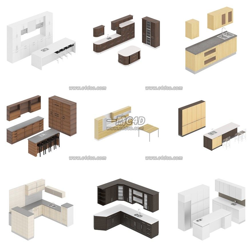 一酷C4D 室内厨房橱柜组合套装椅子桌子3D模型