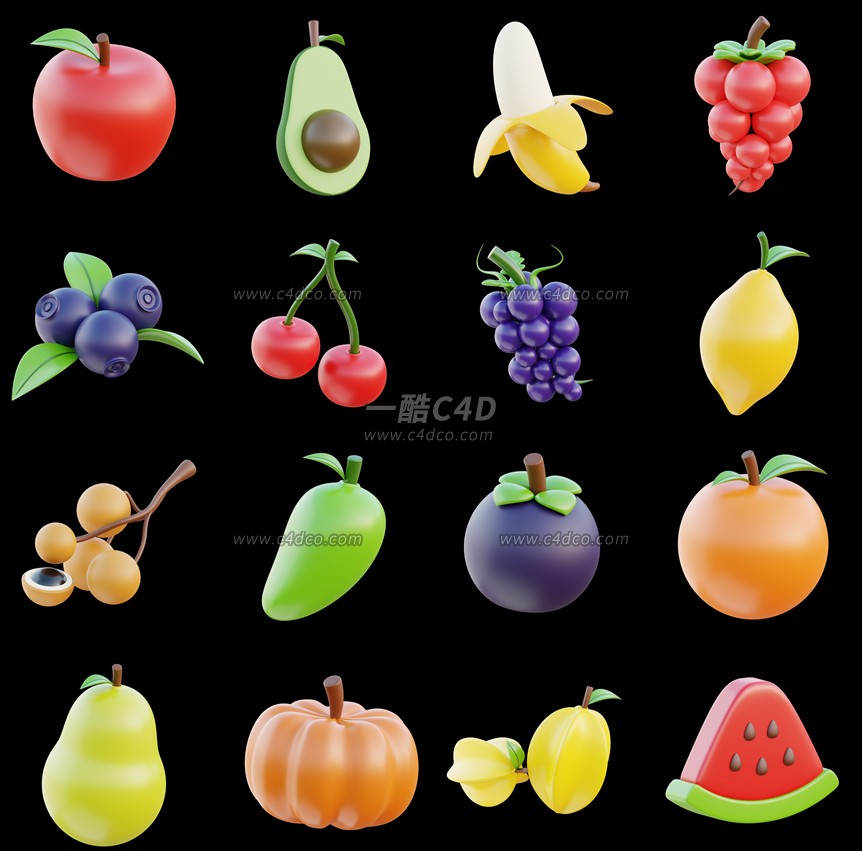 一酷C4D 卡通水果葡萄香蕉蓝莓火龙果西瓜樱桃3D模型