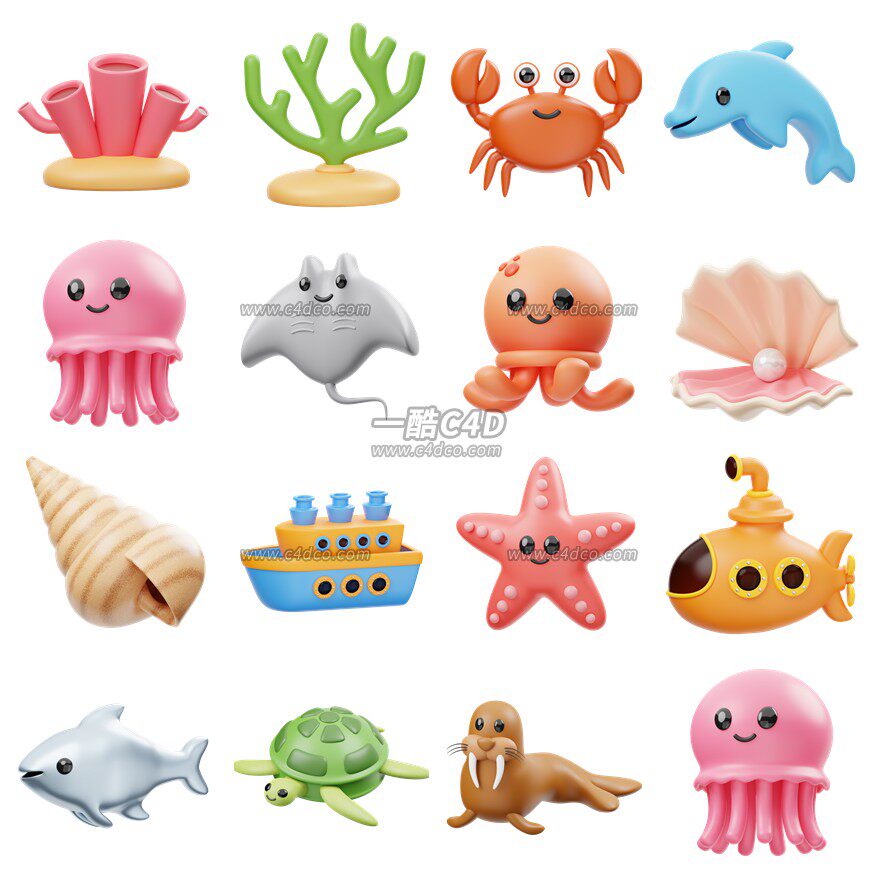 一酷C4D 卡通海洋系生物章鱼海螺珊瑚螃蟹3D模型
