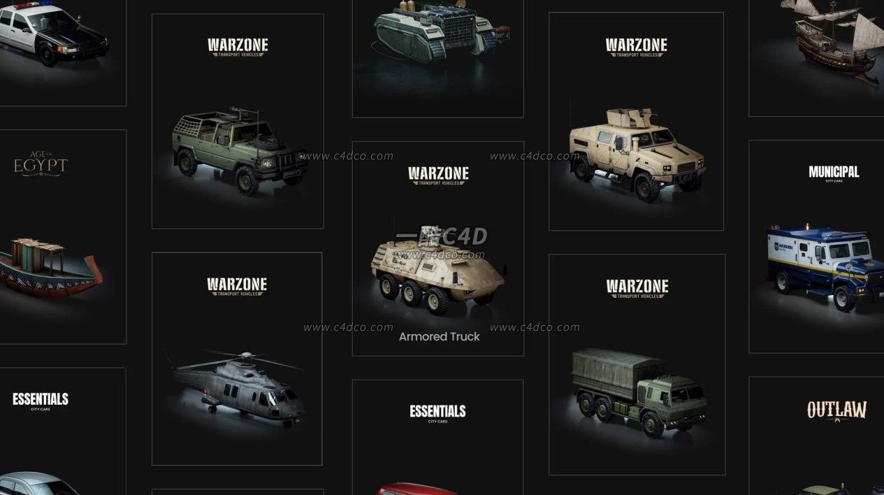 5款军事运输车辆工具3D模型-KitBash3D – Warzone Transport Vehicles