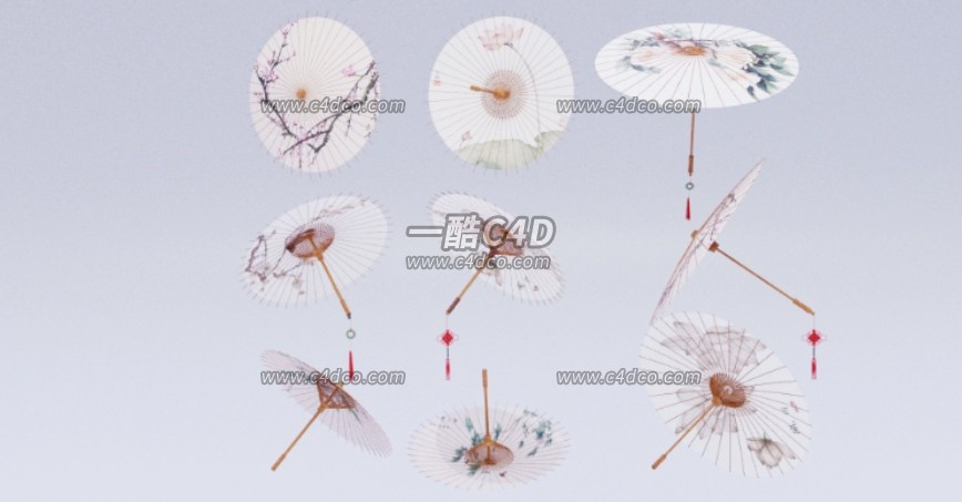 一酷c4d 中式复古雨伞油纸伞团扇手扇3D模型