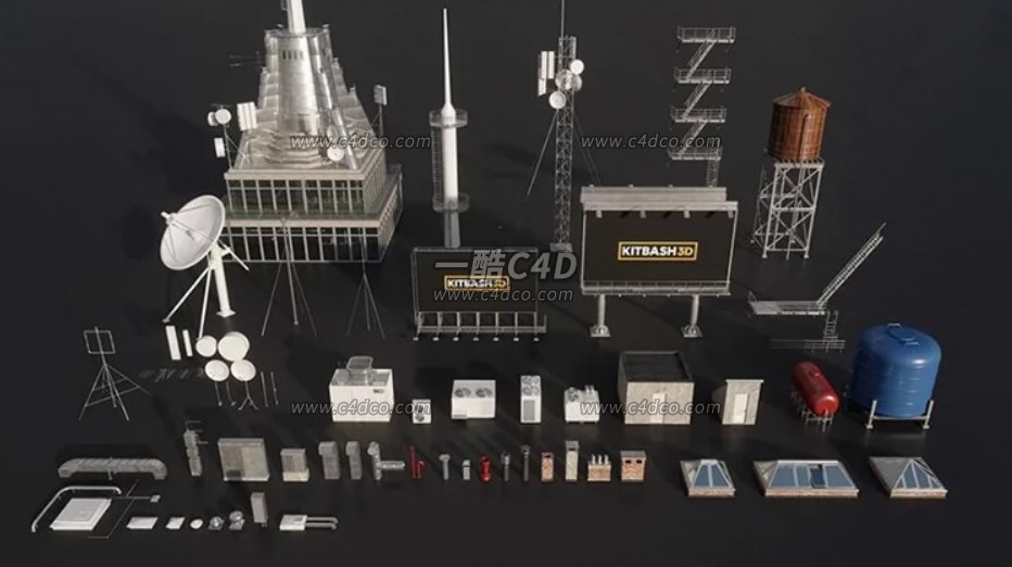 一酷C4D 屋顶设施天线水塔卫星锅电箱设备3D模型