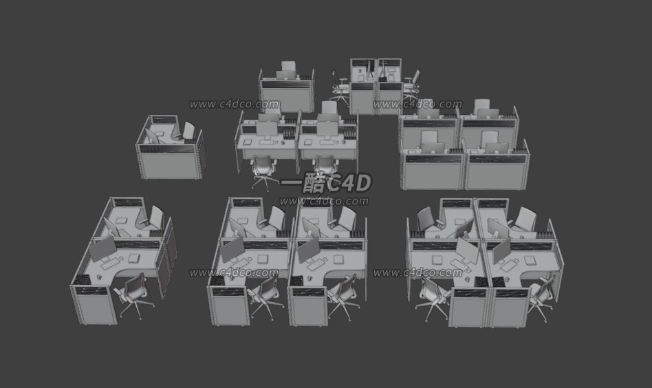 一酷C4D 2套办公室电脑工位桌椅套装3D模型素材