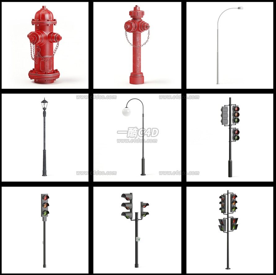 一酷C4D 39款公共设施垃圾桶消防水栓路灯红绿灯围栏3D模型合集