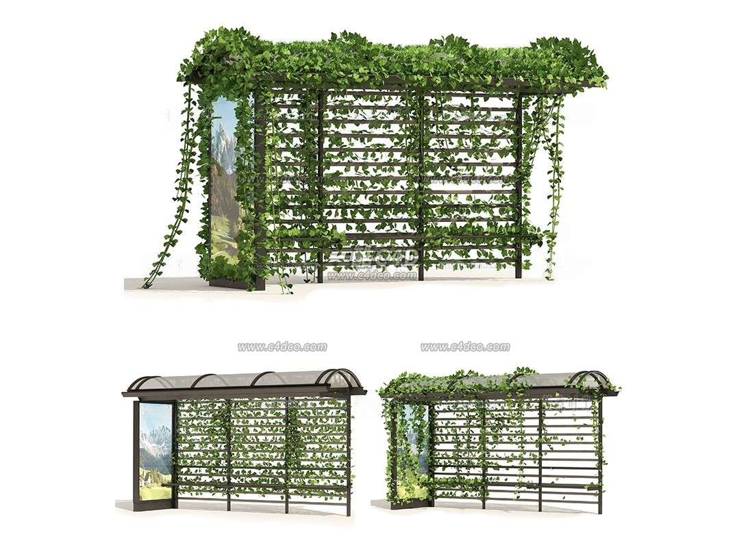 一酷C4D 巴士亭子爬山虎绿植缠绕候车亭子3D模型