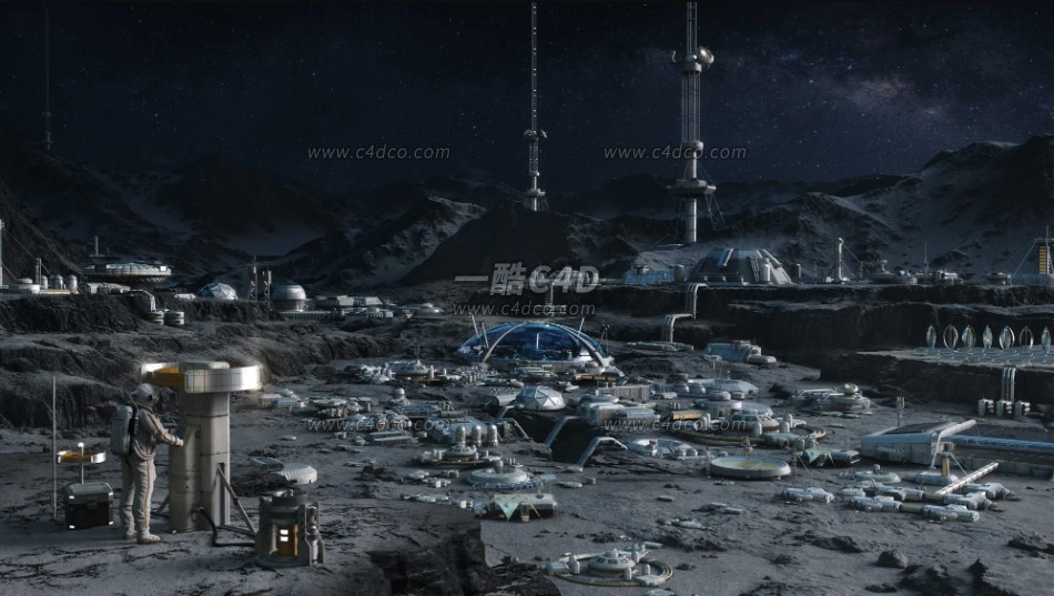 一酷C4D Kitbash3D科幻建筑资产 月球基地科研设施设备工程3D模型