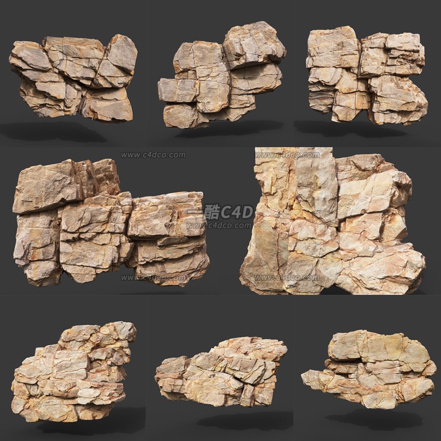 一酷C4D 8款自然石块石头岩石3d立体模型