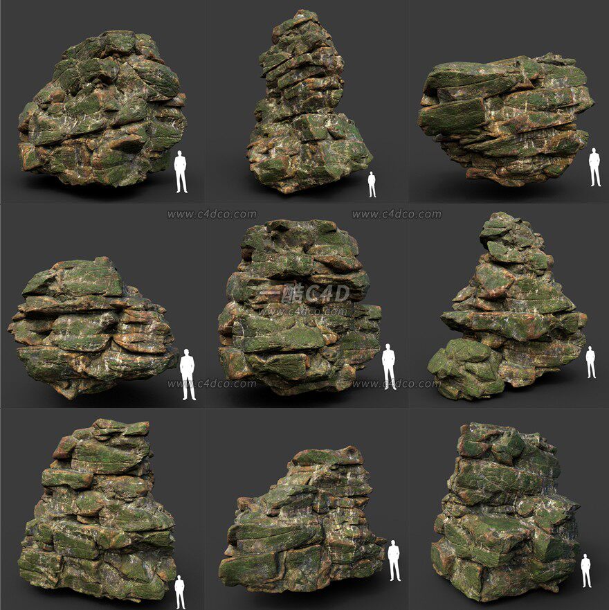 一酷C4D 10个自然苔藓岩石3D模型素材
