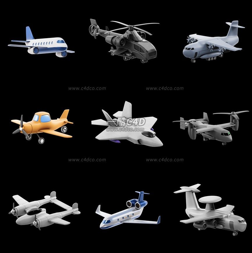 一酷C4D 卡通飞机直升机军用飞机3D立体模型