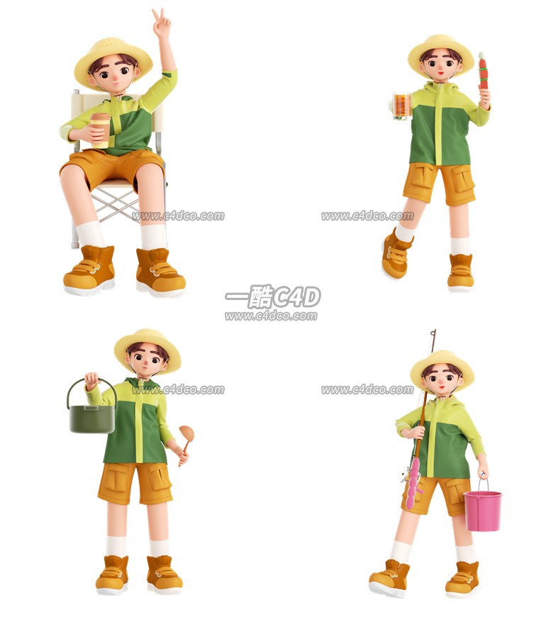 一酷C4D 8款卡通露营小男孩人物场景3D模型