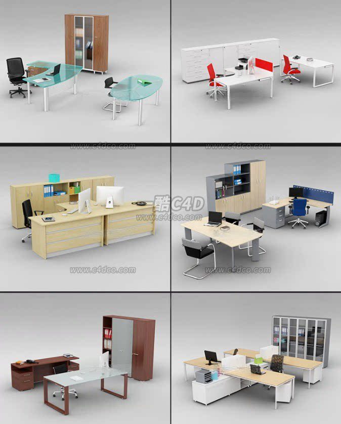 一酷C4D 20套办公桌椅书柜套装3D模型素材