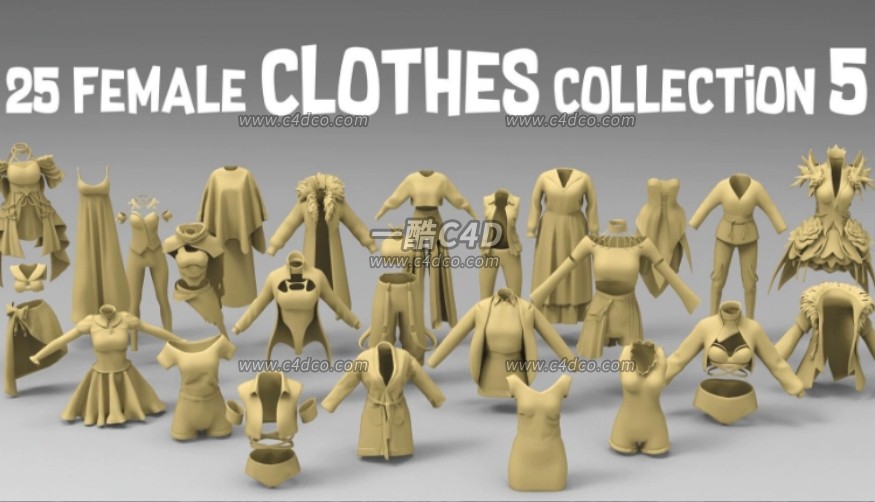 C4D时尚潮流女士服装礼服连衣裙裙子大衣Blender衣服模型素材