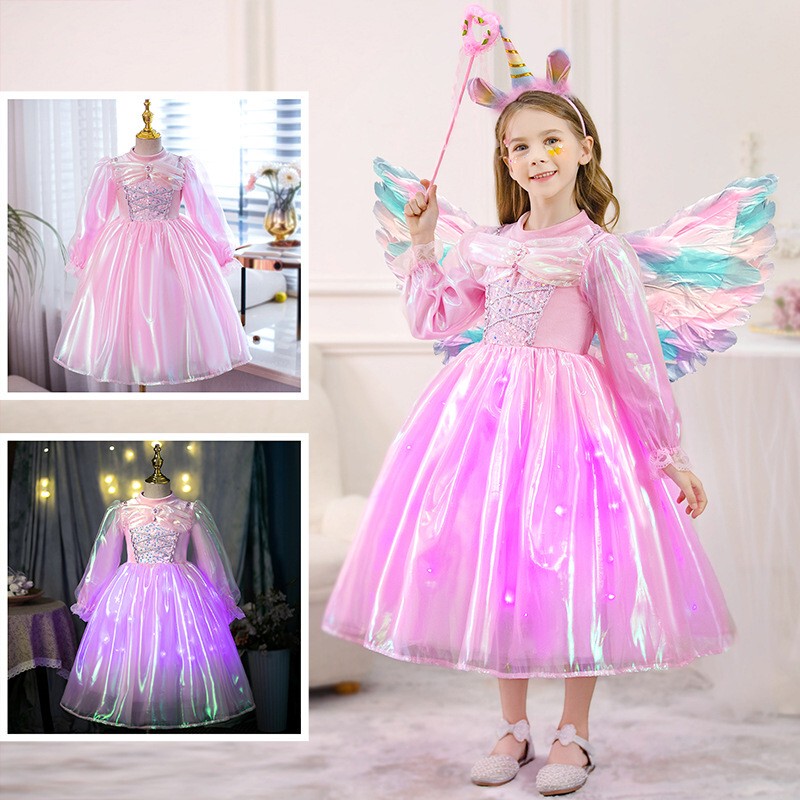 Children's Angel Wings Unicorn Rainbow Elsa Princess Dress Long Sleeve Dress Girls Birthday Performance Dress