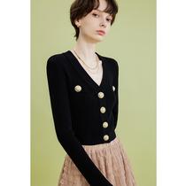 IUMOON black small fragrant style knitted womens autumn new style fashionable and versatile gold button cardigan long-sleeved top